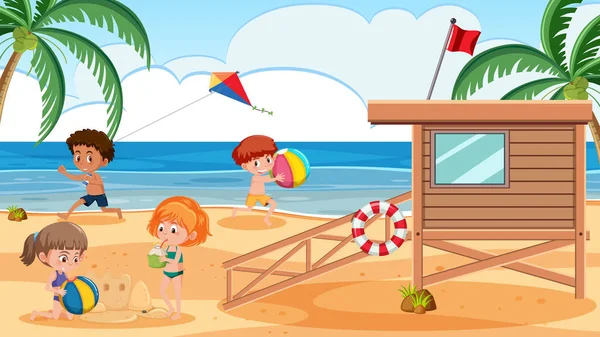Beach Illüstrasyon Oynayan Çocuklar — Stok Vektör