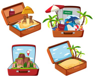 Bavul ayarla ve nesne illüstrasyon seyahat