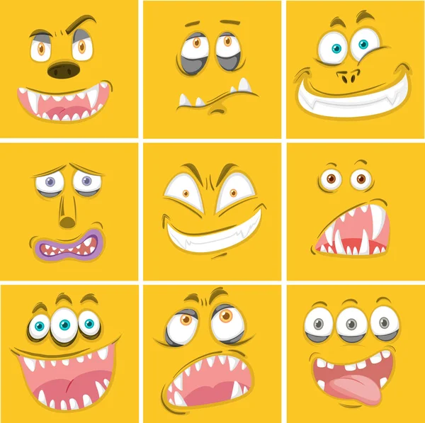 Conjunto Amarelo Monstro Expressão Facial Ilustração —  Vetores de Stock