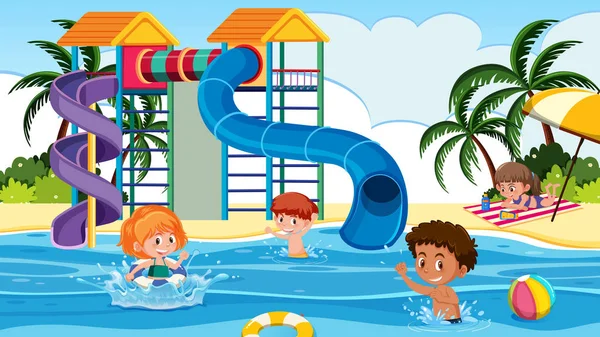 Kinderen Spelen Bij Water Park Illustratie — Stockvector