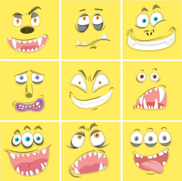 Set Gele Monster Expressies Illustratie — Stockvector
