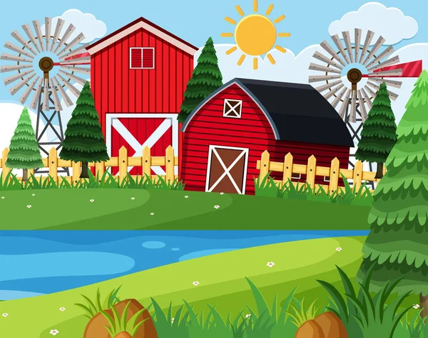 Piros Barns Farm Jelenetet Ábrán — Stock Vector