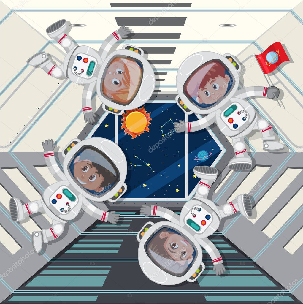 astronauts floating in space ship illustration