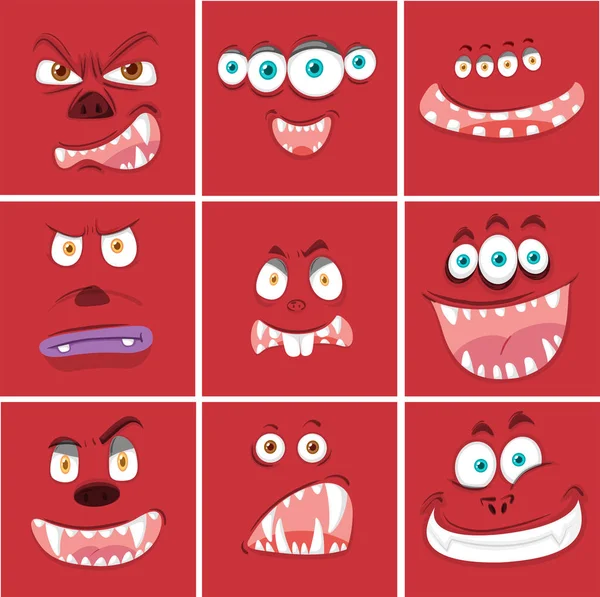 Set Von Roten Monster Gesicht Illustration — Stockvektor