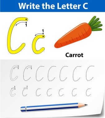 C harfi izleme alfabe çalışma illüstrasyon