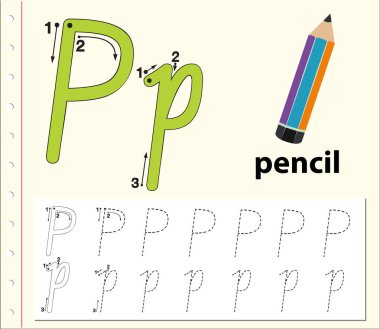 P harfi izleme alfabe çalışma illüstrasyon