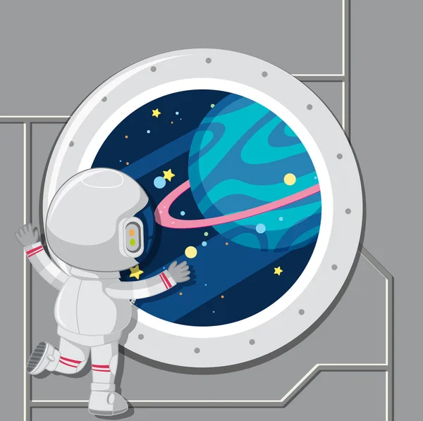 Astronauta Olhando Para Fora Janela Espaço Ilustração —  Vetores de Stock