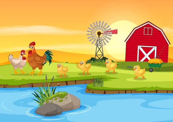 Chicken Family Farm Illustration — Stock Vector