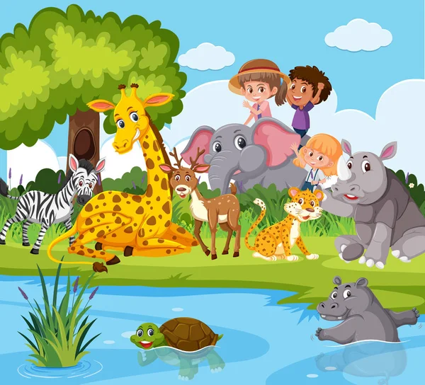 Zvířata Lidé Okolí Rybníku Ilustrace — Stockový vektor