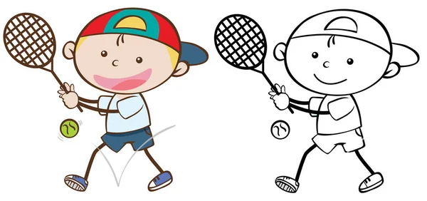 Conjunto Ilustración Personaje Niño Tenis Doodle — Vector de stock