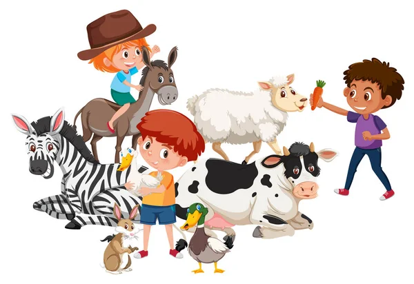 Children and and many animals illustration