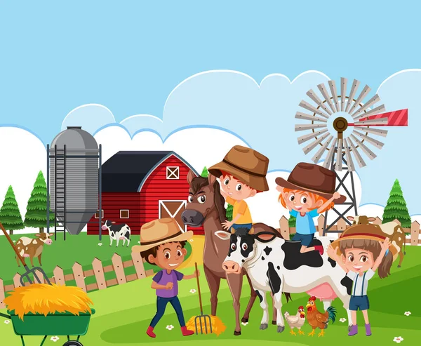 Children Farm Landscape Illustration — Stock Vector