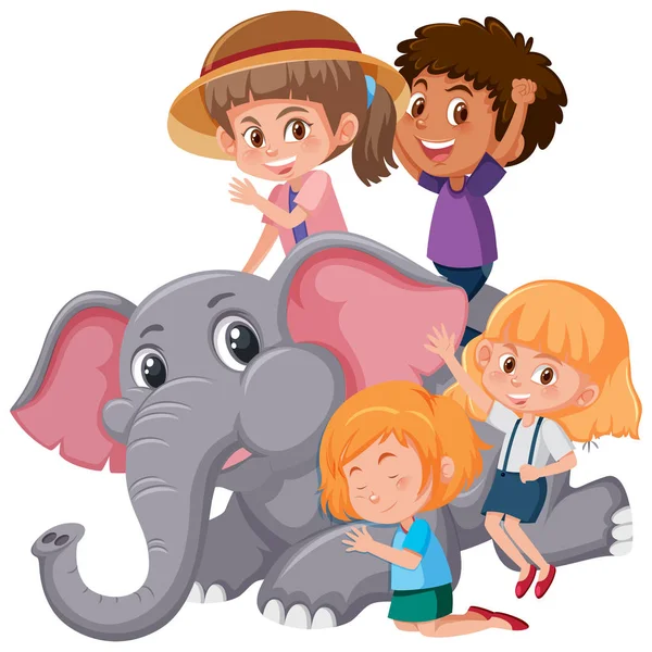 Group of children playing with elephant illustration