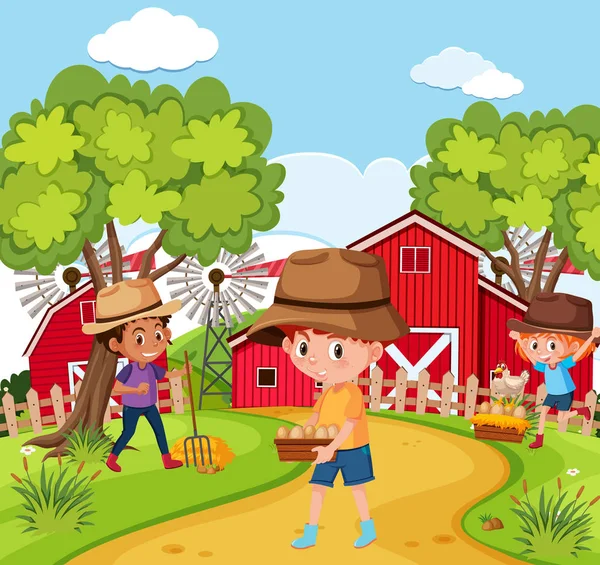 Crianças Natureza Ilustração Fazenda —  Vetores de Stock