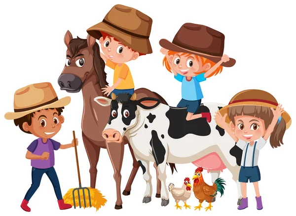 Crianças Com Animais Fazenda Ilustração —  Vetores de Stock