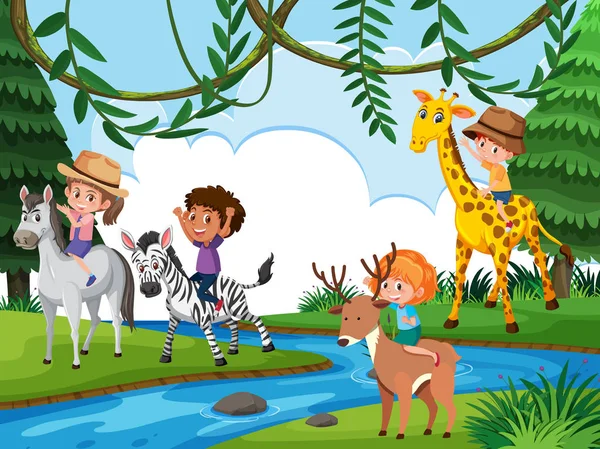 Crianças Equitação Animal Natureza Ilustração — Vetor de Stock