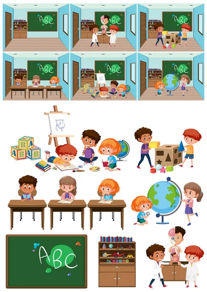 Conjunto Niños Aula Ilustración — Vector de stock