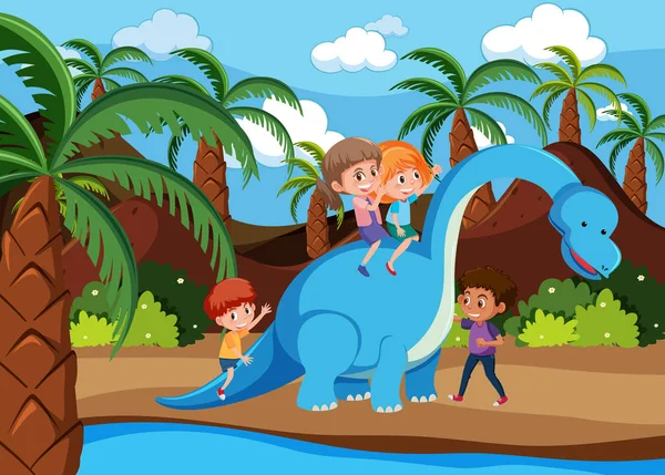 Children playing with dinosaur illustration