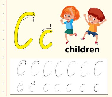 C harfi izleme alfabe çalışma illüstrasyon