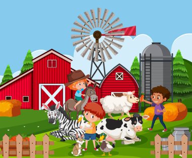 Tarım arazileri hayvanlarla çocuklar