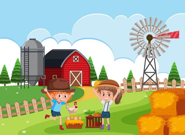 Children at rural farm — Stock Vector