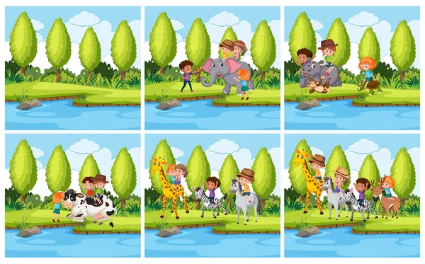 Set of children and animal in nature landscape