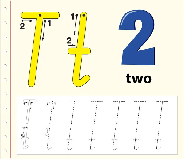 Lettre T traçage alphabet feuilles de calcul — Image vectorielle