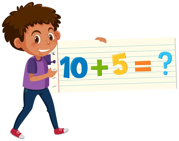 Ένα αγόρι που κρατά κάρτα μαθηματικών ερωτήσεων — Διανυσματικό Αρχείο