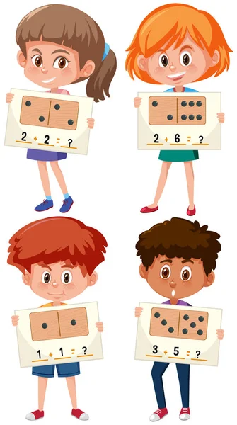 Set of children holding math worksheet — Stock Vector