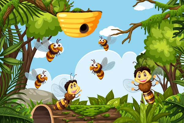 Bijen in de jungle scene — Stockvector