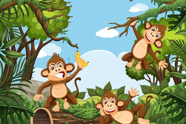 Divertidos monos en la escena de la selva — Vector de stock