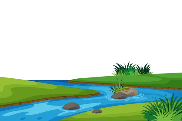 Fondo de paisaje con río y campo verde — Vector de stock