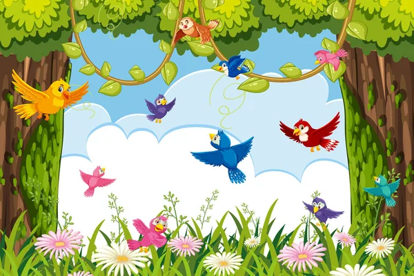Colorful birds in jungle scene — Stock Vector