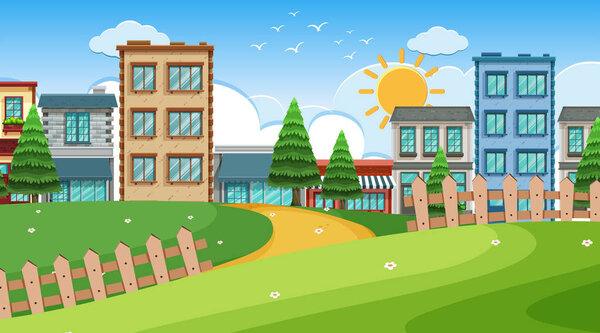 An outdoor scene with shop building