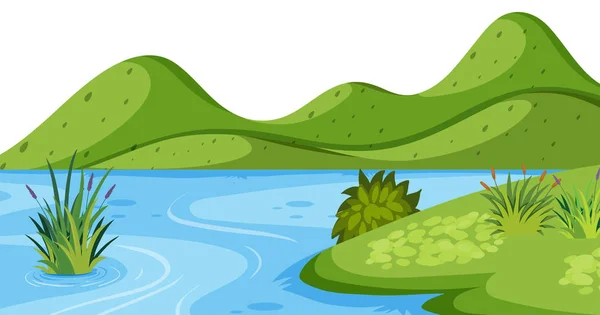 Fondo de paisaje con montaña verde y río — Vector de stock