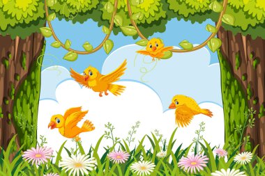 Orman sahnesinde sarı kuşlar