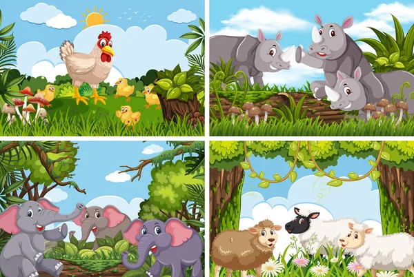 Conjunto de varios animales en escenas de la naturaleza — Vector de stock