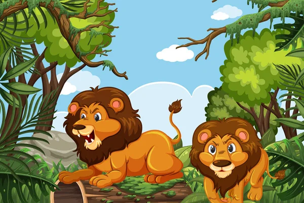 Leões na cena da selva —  Vetores de Stock
