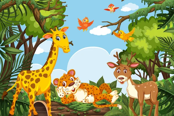 Schattige dieren in de jungle scene — Stockvector