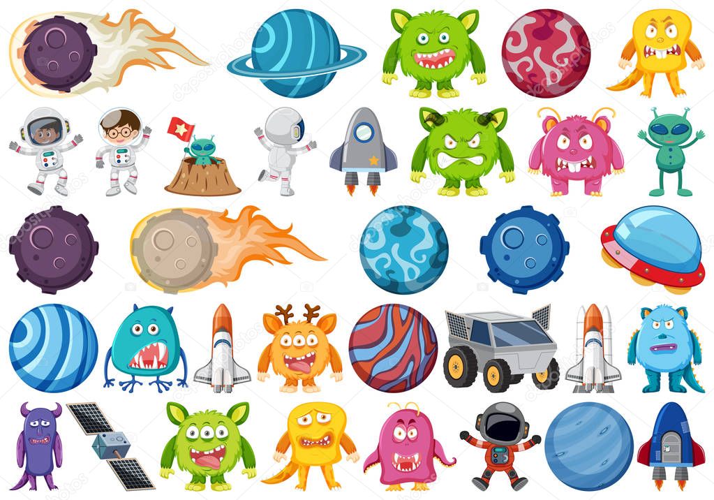 Set of isolated objects theme - aliens and planets