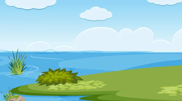 Diseño de paisaje de fondo de lago y hierba verde — Vector de stock