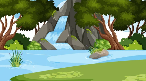 Krajinný design s vodopádem v lese — Stockový vektor