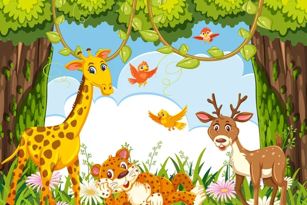 Cute animals in jungle scene — Stock Vector