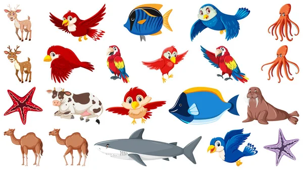 Ensemble de différents types d'animaux marins et d'oiseaux — Image vectorielle