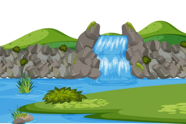 Пейзаж фон с водопадом и зеленым полем — стоковый вектор