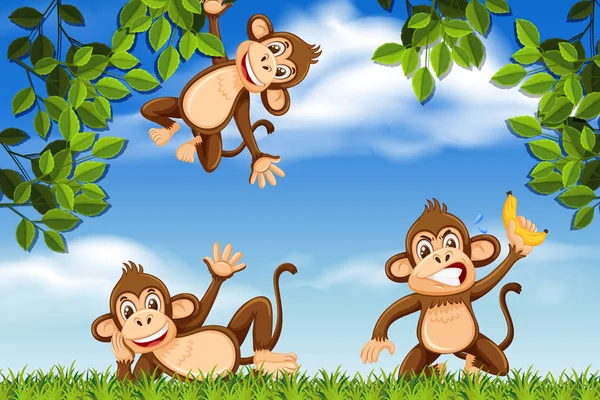 Monos en la selva escena — Vector de stock