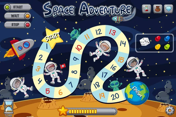 Spielvorlage mit vier Astronauten und zwei Außerirdischen — Stockvektor