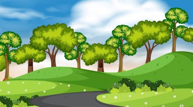 Parkta ağaçlar ve yol ile peyzaj arka plan tasarımı