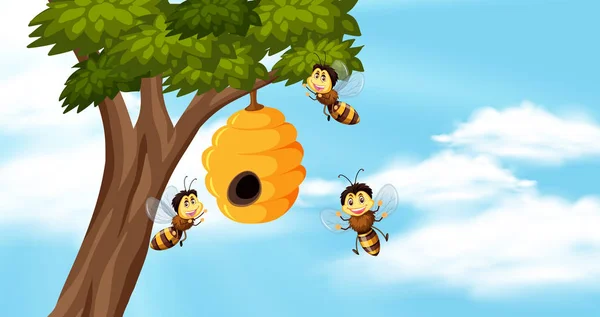 Céu fundo com abelhas e colmeia na árvore — Vetor de Stock