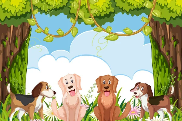 Carino cani in giungla scena — Vettoriale Stock